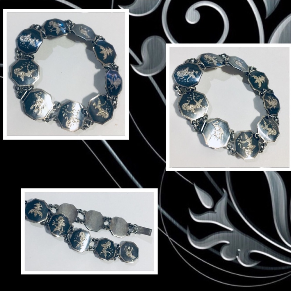 Vintage Siam Silver Bracelet Elephants Dancers